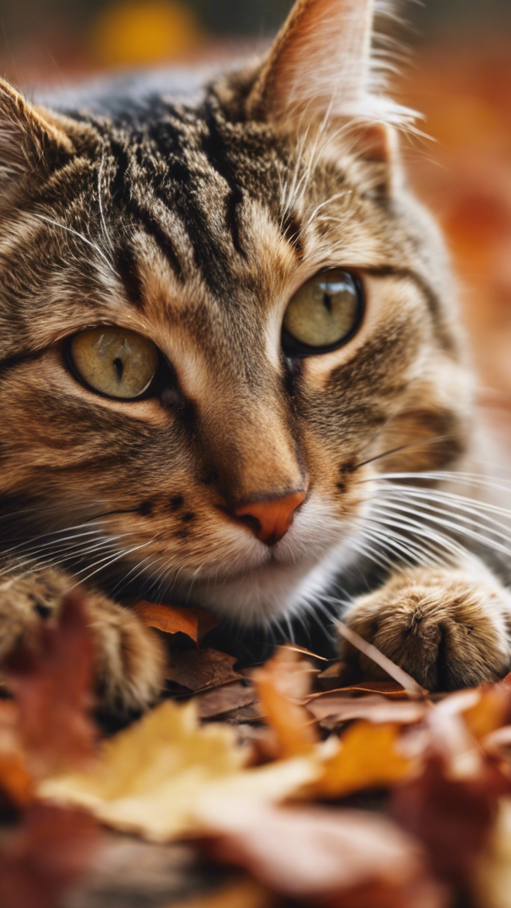 A falling leaf crunches under the paw of an inquisitive tabby cat in the colours of autumn. วอลล์เปเปอร์[5f8125a5764f4e8ca44e]