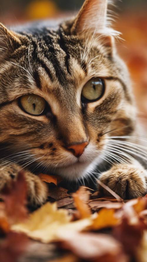 Spadający liść chrzęści pod łapą ciekawskiego pręgowanego kota w barwach jesieni.