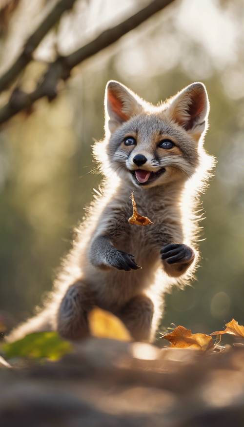 柔和的午后阳光透过茂密的春天森林，照射下来，一只小灰狐狸在树叶中快乐地玩耍。
