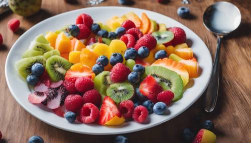 A vibrant rainbow fruit salad on round porcelain plate served with a dollop of yogurt. Tapet [1fe506c014424251937d]
