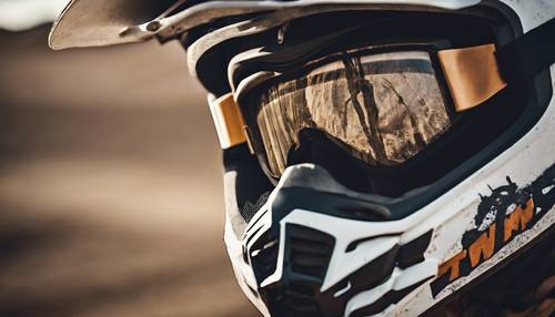 O reflexo nos óculos de um piloto de motocross mostrando a próxima pista sinuosa