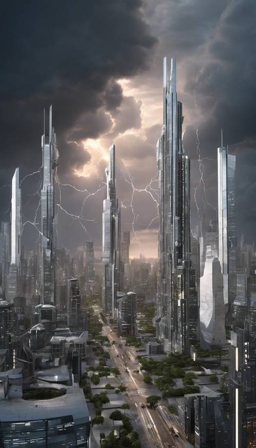 Un rendering 3D dello skyline di una città futuristica sotto un cielo tempestoso Sfondo [1fa1f391e6414ee5af7e]