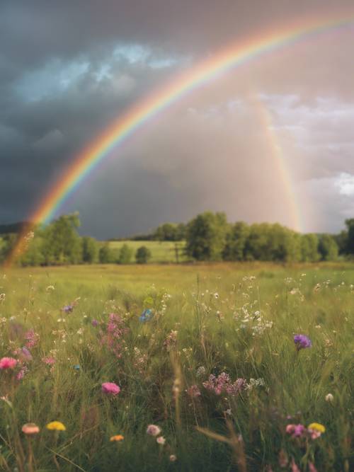 A pastel rainbow spanning over a lush meadow enhances the sentiment 'After every storm comes a rainbow'.