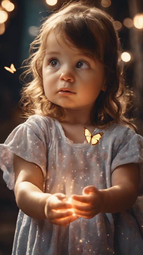 Un bébé regardant avec admiration un papillon magique et lumineux sur sa main.