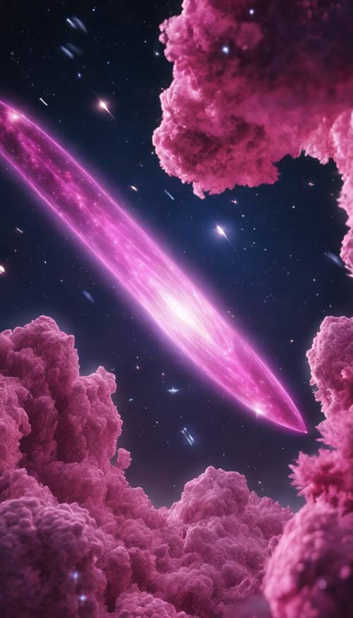 Pemandangan galaksi dengan komet bercahaya aura merah muda melintasi langit malam.