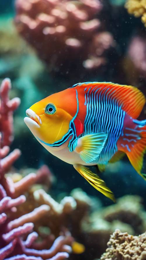 Mercan resifinde kendine özgü çizgi desenini sergileyen renkli bir papağan balığı.