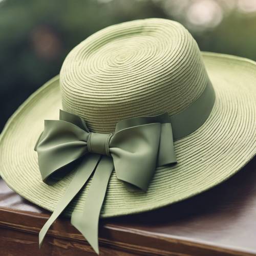 Un cappello da barca preppy verde salvia ornato da un fiocco color crema, sotto la morbida luce del giorno.