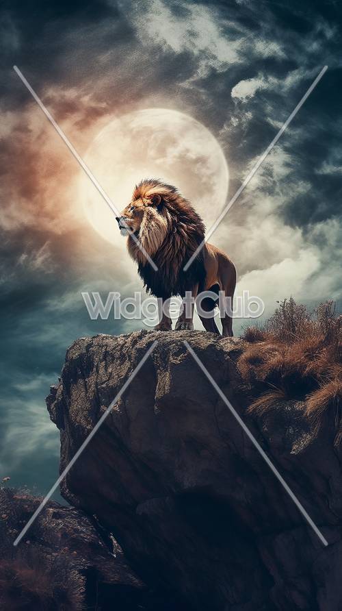 Величественный лев на скале под луной