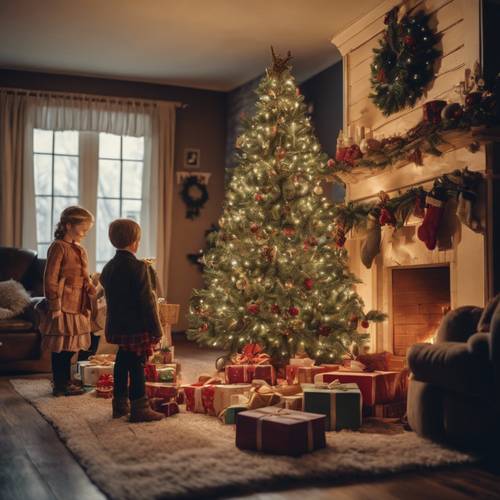 Pemandangan Natal yang penuh nostalgia dari tahun 1800-an, dengan pohon Natal yang dihias dengan indah, anak-anak membuka hadiah, dan perapian yang menderu-deru.