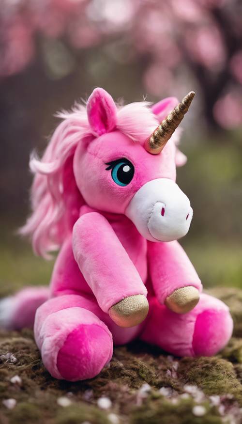 白色背景下坐著的可愛的粉紅色獨角獸毛絨玩具。