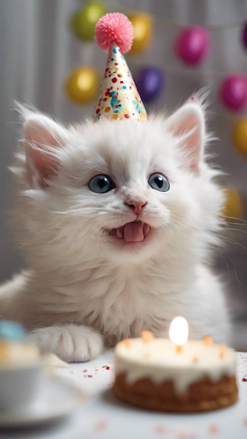 Un primer plano de un gatito blanco esponjoso con un pequeño sombrero de fiesta y un pequeño pastel de cumpleaños al fondo.
