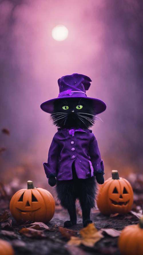 Eine entzückende Vogelscheuche mit lila Hut und einer schwarzen Katze in einer nebligen Halloween-Nacht