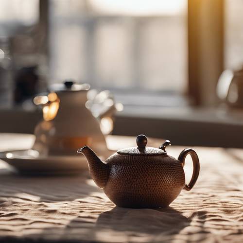 إبريق شاي بني اللون على مفرش طاولة المطبخ يجسد دفء وقت الشاي.