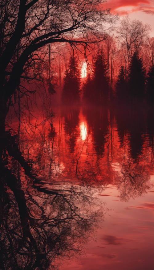 Um lindo pôr do sol vermelho sobre a floresta, as silhuetas escuras das árvores contrastando com o céu ardente.