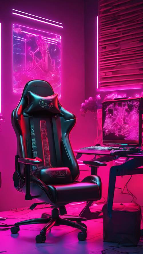 Ein makelloser dunkelroter Gaming-Stuhl vor einem stylischen Gaming-Setup mit lebendigem Hintergrund.