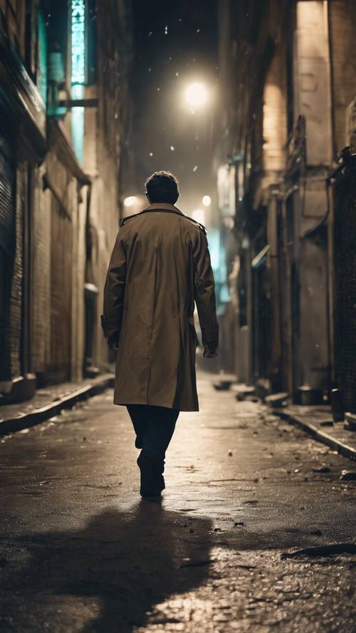 Samotna osoba w trenczu, spacerująca opustoszałą uliczką miasta o północy