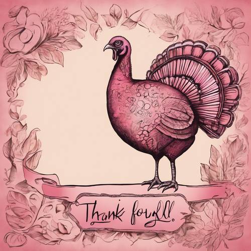 Vintage hand-drawn greeting card featuring a pink turkey and hand-lettered 'Thankful' message.