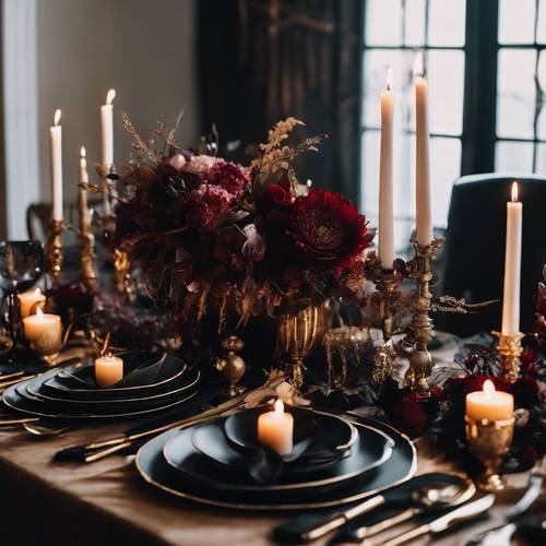 Mesa dramática de Ação de Graças com pratos pretos ousados, utensílios dourados e arranjos florais exuberantes em tom bordô para um toque gótico.