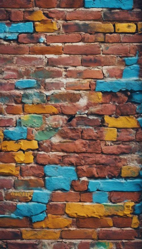 Uma imagem aproximada de uma antiga parede de tijolos coberta com grafites coloridos e vibrantes.
