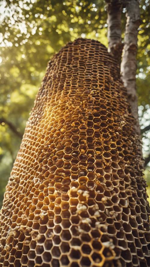 An array of honeycombs stacked together forming a honeybee hive in a lush tree.