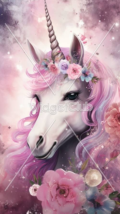 Unicorno magico con fiori su sfondo rosa