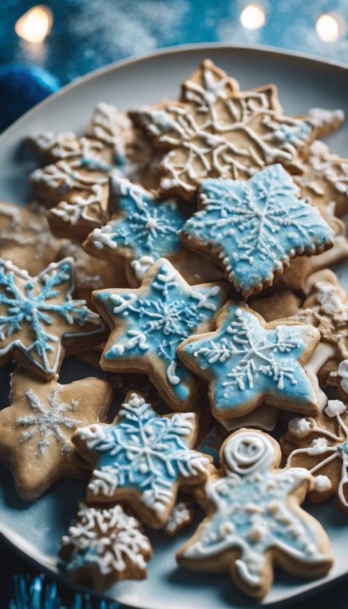 Biscotti di Natale appena sfornati ricoperti di zucchero blu su un piatto