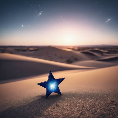 Ein dunkelblauer Stern, der gerade über dem Horizont einer kargen Wüste aufgeht.