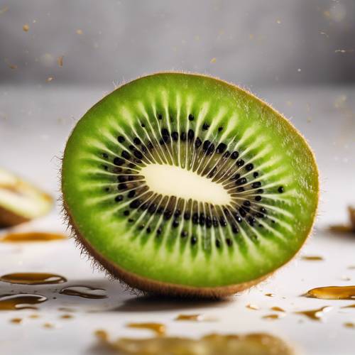 An abstract interpretative painting depicting the taste and texture of a kiwi fruit.