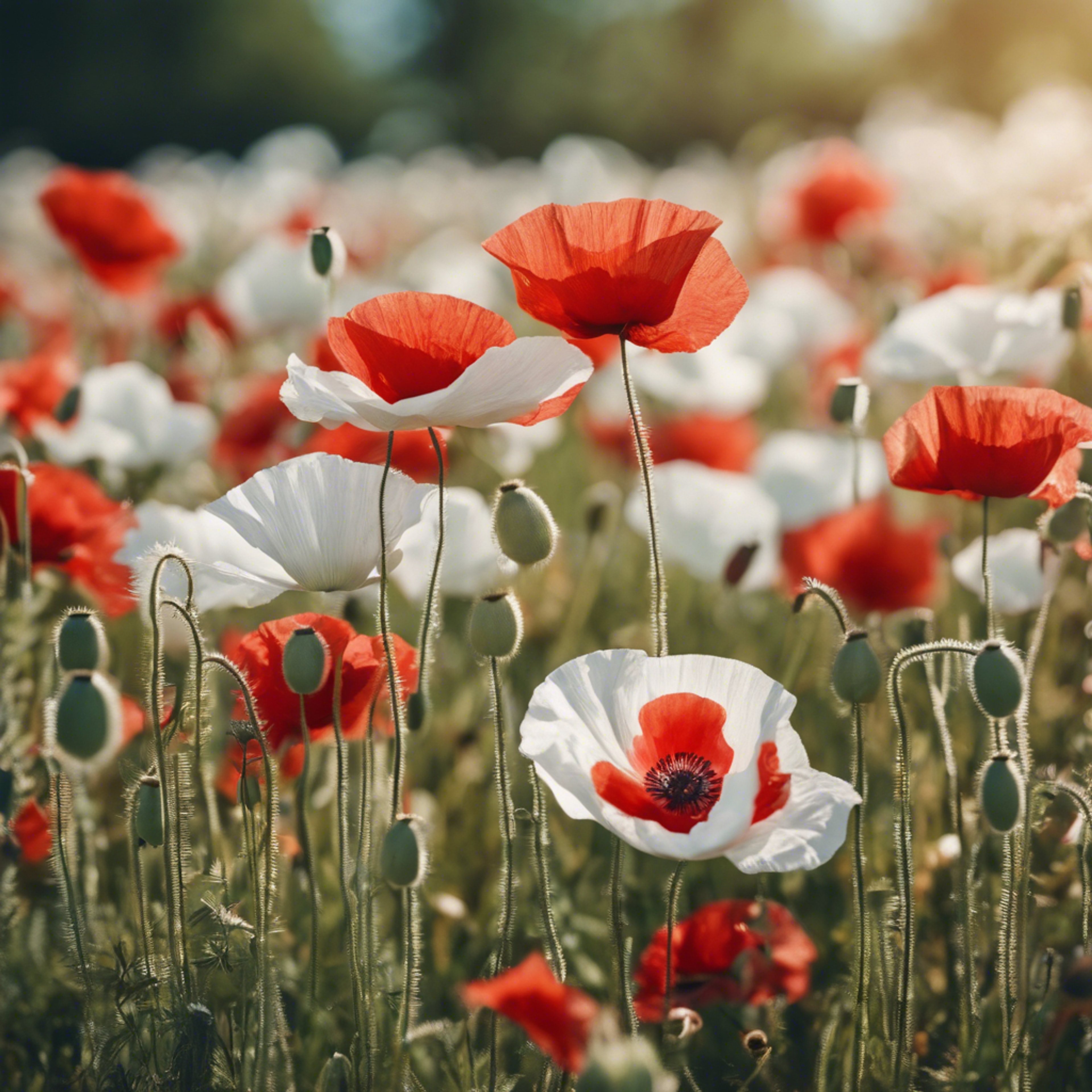 A patch of vibrant red and white poppy flowers in a summer meadow. Tapeet[6e8905720b3f496680eb]