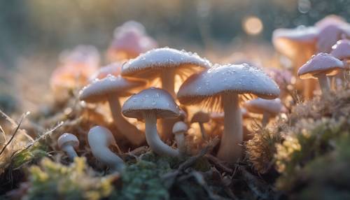 Sekelompok jamur berwarna pastel berkilauan di bawah embun pagi.