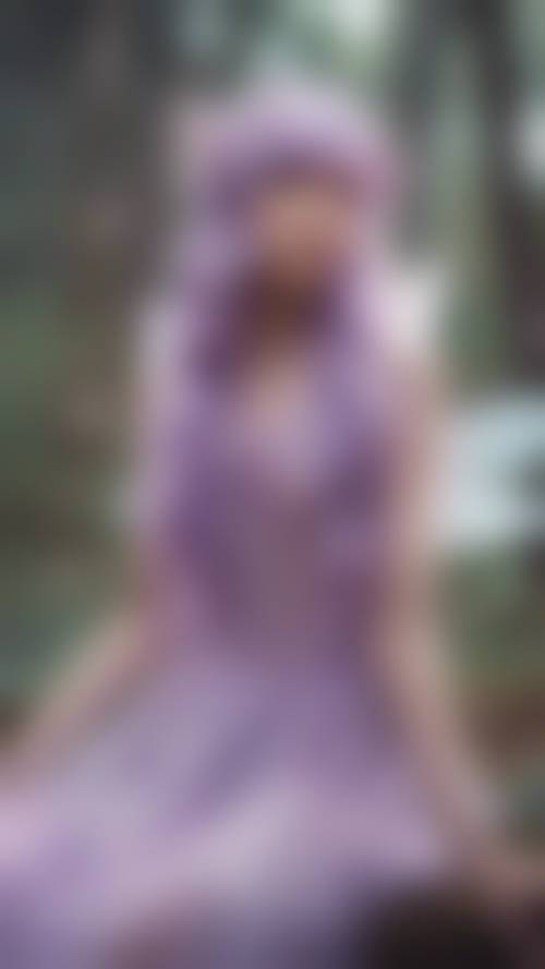 Una fata kawaii con capelli color lilla che sparge polvere di fata in una foresta magica.