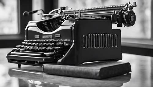 Foto em preto e branco de uma máquina de escrever vintage em uma mesa moderna de vidro.