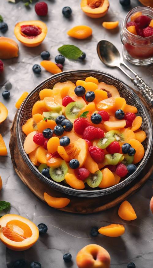 A carefully crafted fruit salad dish with slices of apricot in it.