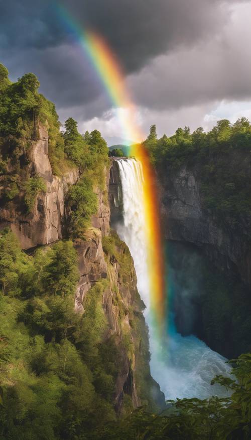 令人驚嘆的 180 度彩虹拱門高高聳立在巨大的瀑布上方。