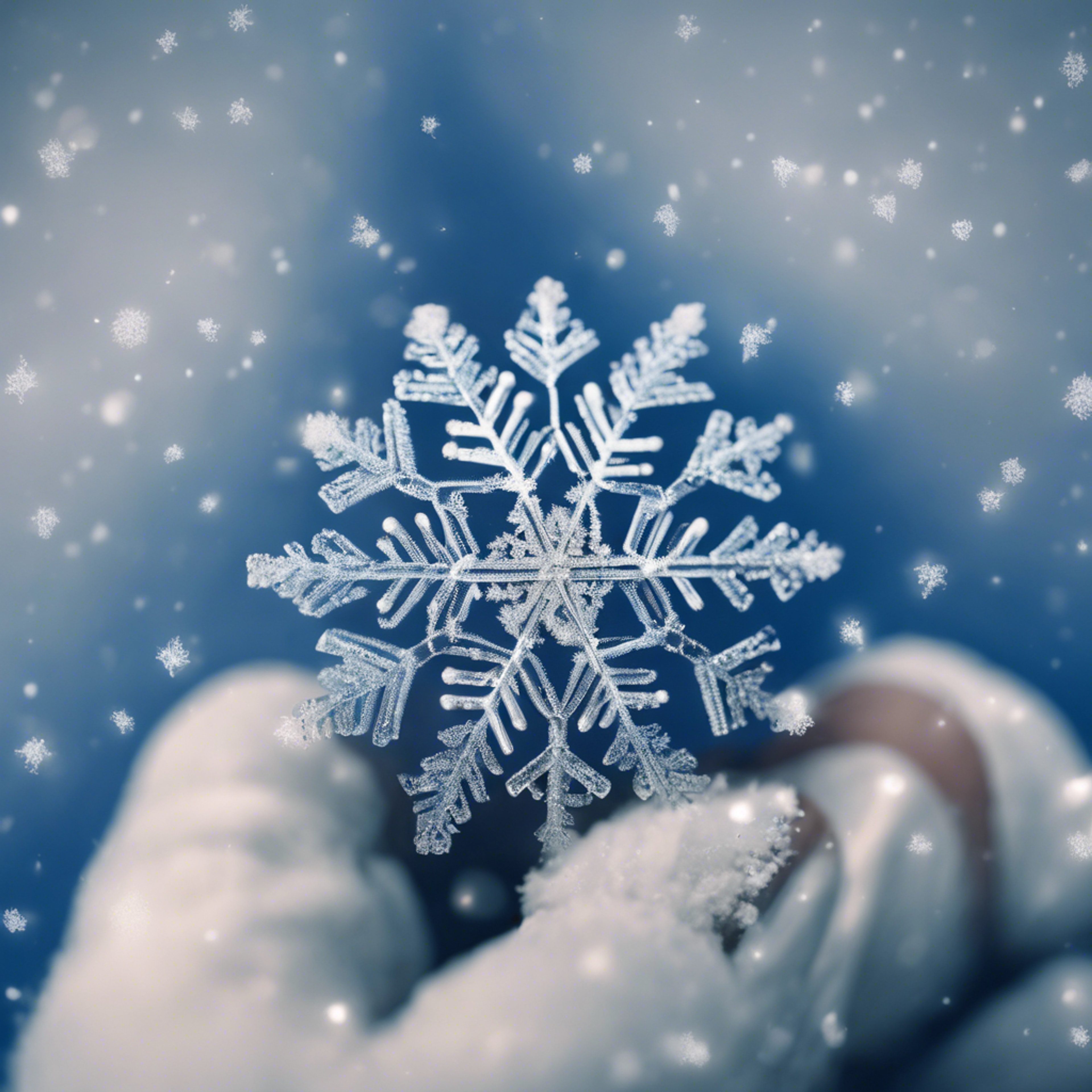 Intricate patterns of a snowflake on a blue gloved finger. Тапет[6c7ed0f3c74b413e9833]