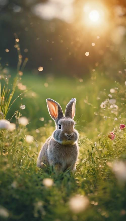 Eine friedliche Landschaft bei Sonnenaufgang, mit flauschigen Kaninchen, die zwischen üppigem grünem Gras und taufeuchten Blumen umherhoppeln.