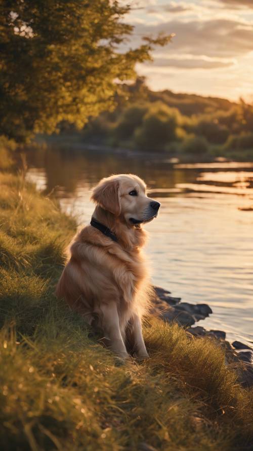 Золотистый ретривер спокойно сидит у спокойной реки на закате.