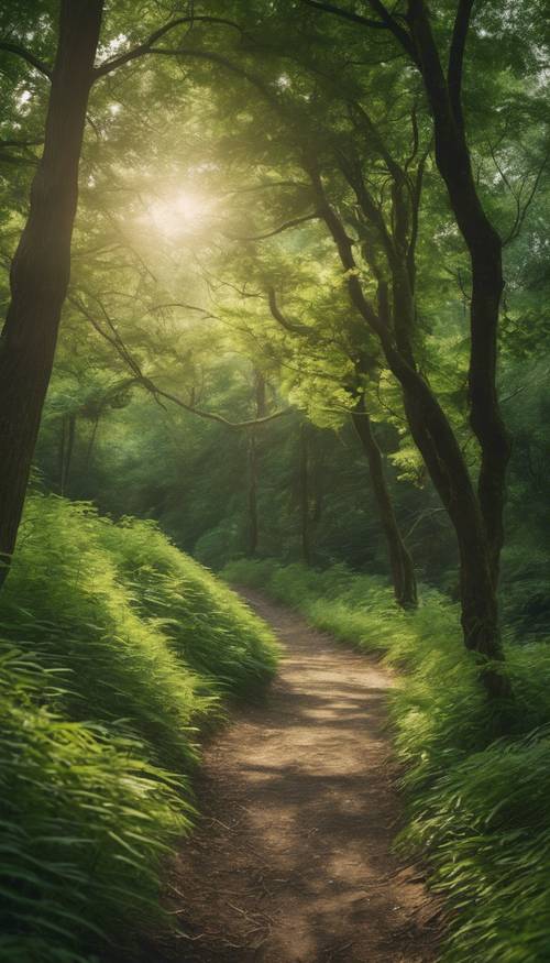 Kręty leśny szlak pokryty zielonymi liśćmi, przez które przebija się subtelne światło słoneczne.
