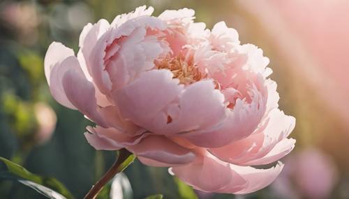 Румяно-розовый пион в стиле арт-деко под мягким утренним светом.
