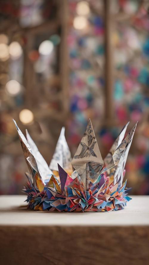 An ornate crown made from origami cranes in an artist's paper-strewn studio.