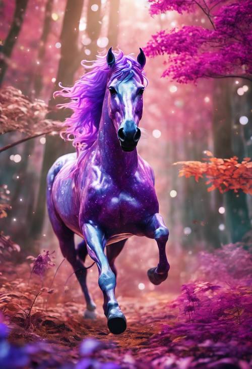 カラフルな森を駆ける紫色のマーブル模様のユニコーン