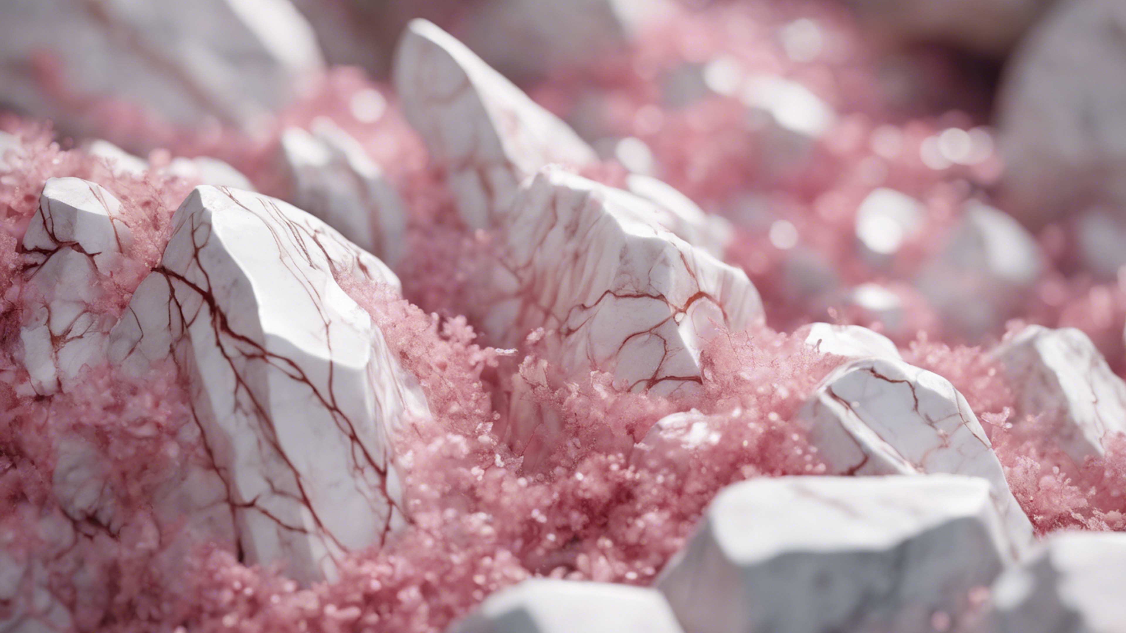 Pink and white veins running through marble rocks. Ფონი[3dd5ab4ab8a944e2820c]