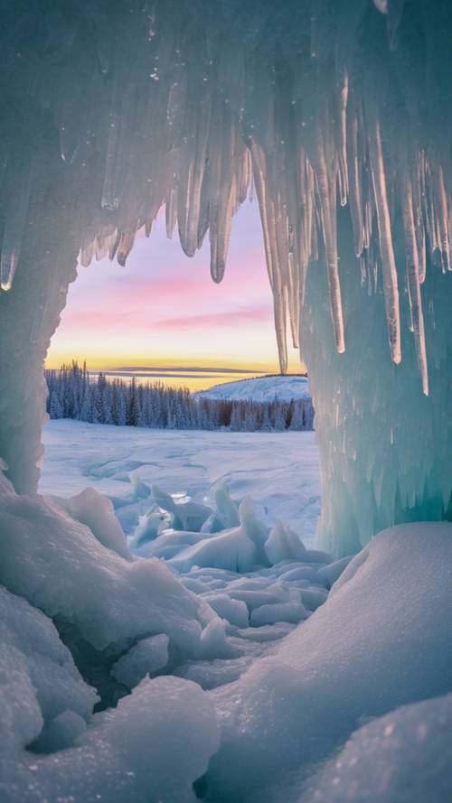 A frosty ice cave sparkling under the soft, magical light of the aurora borealis reflecting off of the icicles.