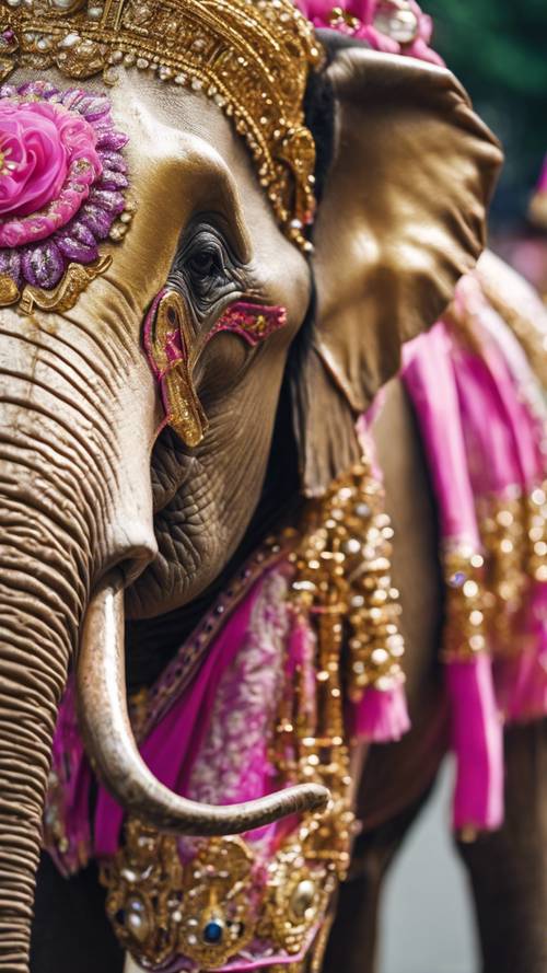 Seekor gajah yang dihias secara meriah dalam sebuah parade, dihiasi dengan tanda kebesaran berwarna merah muda dan emas.