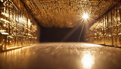 Sebuah batu bata emas berkilauan di bawah sorotan.