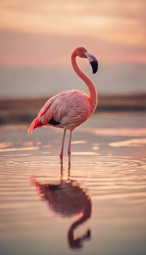 夕陽下，一隻孤獨的紅鶴站在淺水中，戴著古董、靜音濾鏡。