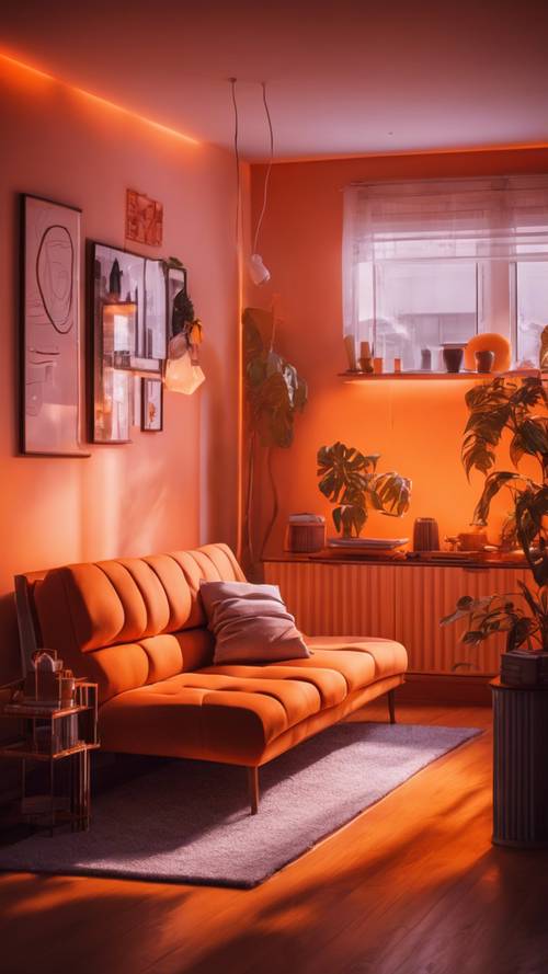 Ruang tamu berwarna oranye segar dengan lampu neon trendi yang menghasilkan bayangan indah.