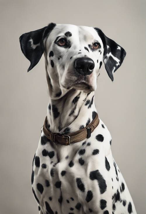 Vintage-style portrait of a dalmatian with black spots against a white backdrop reminiscent of 1800s pet portraiture. Tapeta [38fb63862de44de3ba63]