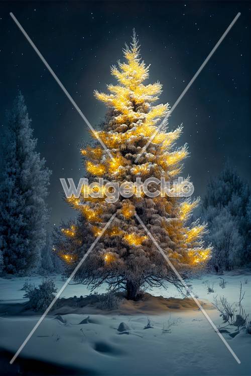 Hell erleuchteter Weihnachtsbaum in einer verschneiten Nacht