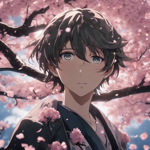 Tokoh protagonis anime dalam pose dramatis dengan badai bunga sakura berputar-putar.